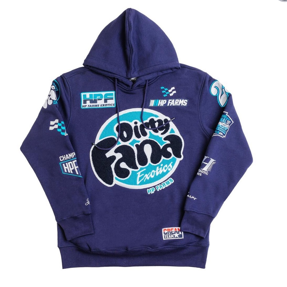 Graphic Dirty Fana Strains Navy Blue Race Hoodie with Colorful Logos
